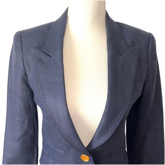 Smythe Navy Linen Duchess Blazer White Elbow Patches Single Button Canada Size 4 - Picture 4 of 9